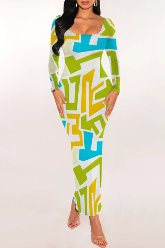 Light Green Casual Geometric Print Snakeskin Print Contrast O Neck One Step Skirt Dresses