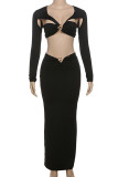 Black Sexy Solid Color Hollow Out Patchwork Asymmetrical Collar Long Sleeve Two Pieces