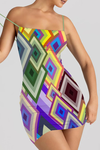 Purple Green Sexy Print Patchwork Backless Spaghetti Strap Sling Dresses