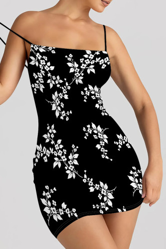 Black And White Sexy Print Patchwork Backless Spaghetti Strap Sling Dresses