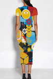Brown Casual Geometric Print Graffiti Print Contrast O Neck One Step Skirt Short Sleeve Dress