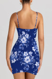Baby Blue Sexy Flowers Print Contrast Printed Dresses