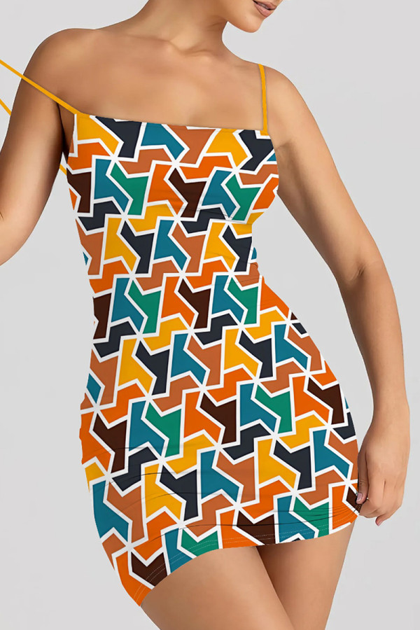 Colour Sexy Print Patchwork Backless Spaghetti Strap Sling Dresses