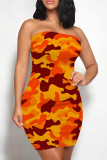 White Sexy Camouflage Print Contrast Strapless Printed Dresses