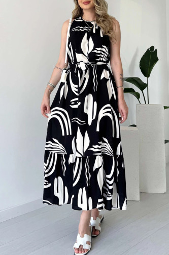 Black Elegant Print Patchwork O Neck Long Dresses