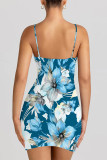 Baby Blue Sexy Flowers Print Contrast Printed Dresses