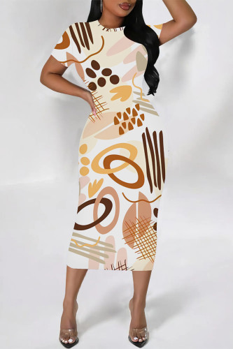White Casual Geometric Print Graffiti Print Contrast O Neck One Step Skirt Short Sleeve Dress