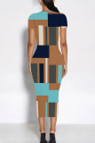 Brown Casual Geometric Print Graffiti Print Contrast O Neck One Step Skirt Short Sleeve Dress