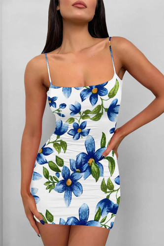 Blue White Sexy Flowers Print Contrast Printed Dresses
