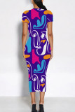 Brown Casual Geometric Print Graffiti Print Contrast O Neck One Step Skirt Short Sleeve Dress