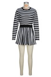 Black Casual Striped Print Patchwork O Neck Long Sleeve Two Pieces
