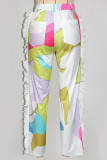Colour Casual Print Fringed Trim Buttons Patchwork Zipper Loose High Waist Wide Leg Positioning Print Bottoms