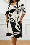Colour Casual Boho Graphics Print V Neck Half Sleeve Lace Up With Belt Vacation Plus Size Midi Dresses