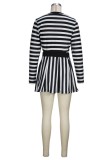 Black Casual Striped Print Patchwork O Neck Long Sleeve Two Pieces