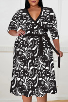 Black Casual Boho Graphics Print V Neck Half Sleeve Lace Up With Belt Vacation Plus Size Midi Dresses