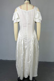White Elegant Solid Color Patchwork Backless Zipper Pleated Ruffled Trim U Neck A Line Dresses