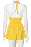 Yellow Sleeveless Backless Halter Crop Tops And Ruched Strap Design Pleated Mini Skirt Night Club Two Pieces Dress Sets