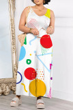 White Blue Red Casual Geometric Print Pocket Contrast O Neck Loose Jumpsuits