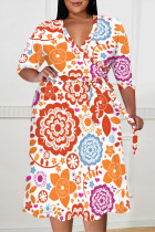 Pink Casual Boho Graphics Print V Neck Half Sleeve Lace Up With Belt Vacation Plus Size Midi Dresses
