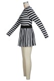 Black Casual Striped Print Patchwork O Neck Long Sleeve Two Pieces