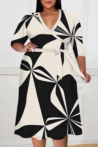 White Casual Boho Graphics Print V Neck Half Sleeve Lace Up With Belt Vacation Plus Size Midi Dresses