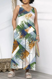 White Blue Red Casual Geometric Print Pocket Contrast O Neck Loose Jumpsuits