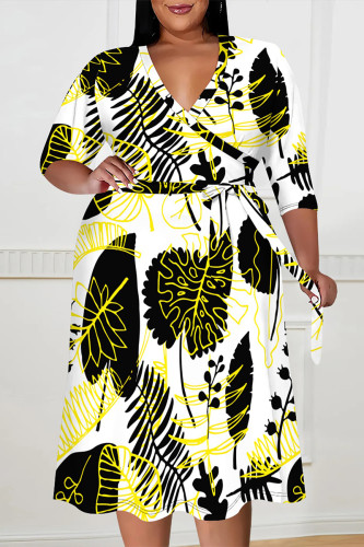 Black Yellow Casual Boho Graphics Print V Neck Half Sleeve Lace Up With Belt Vacation Plus Size Midi Dresses