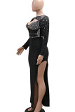 Black Sexy Solid Color Hollow Out Patchwork See-Through High Slit O Neck Long Dresses