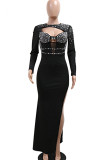 Black Sexy Solid Color Hollow Out Patchwork See-Through High Slit O Neck Long Dresses