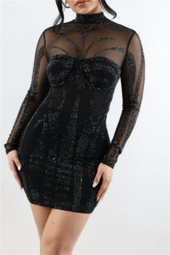 Black Sexy Hot Solid Color Patchwork See-Through Hot Drill Turtleneck Wrapped Skirt Dresses