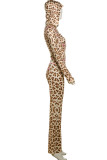 Leopard Print Sexy Leopard Print Patchwork Zipper Zipper Collar Long Sleeve Two Pieces