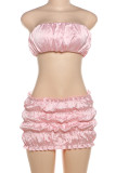Pink Sexy Solid Color Patchwork Ruched Strapless Sleeveless Two Pieces