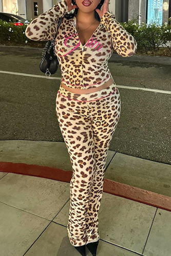 Leopard Print Sexy Leopard Print Patchwork Zipper Zipper Collar Long Sleeve Two Pieces