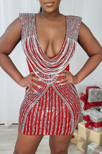 Red Sexy Patchwork Hot Drilling Backless Deep V Neck Wrapped Skirt Dresses