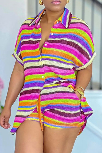 Purple Casual Stripe Pocket Buckle Patchwork Strap Design Contrast Turndown Collar Short Sleeve Two Pieces