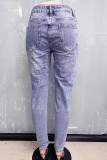 Deep Blue Sexy Solid Color Ripped Hollow Out Pocket Buttons Patchwork Zipper Mid Waist Loose Denim Jeans
