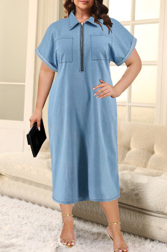 Light Blue Casual Solid Color Pocket Patchwork Zipper Turndown Collar Long Plus Size Dresses