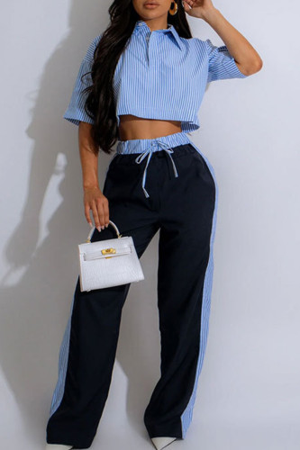 Blue Casual Stripe Pocket Lace Up Patchwork Contrast Turndown Collar Half Sleeve Two Pieces
