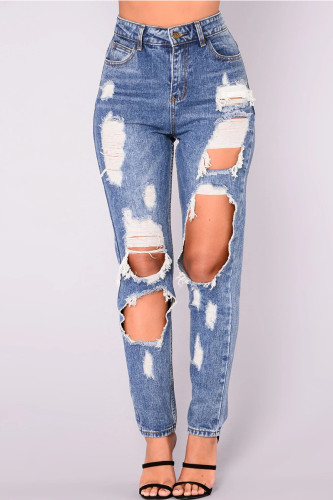 Deep Blue Sexy Solid Color Ripped Hollow Out Pocket Buttons Patchwork Zipper Mid Waist Loose Denim Jeans