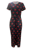 Colour Sexy Print Patchwork High Slit Strap Design O Neck Wrapped Skirt Dresses