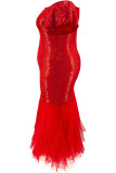 Red Elegant Solid Color Patchwork Backless Mesh Zipper Off Shoulder Wrapped Skirt Plus Size Dresses
