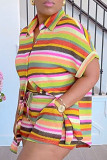 Yellow Casual Stripe Pocket Buckle Patchwork Strap Design Contrast Turndown Collar Short Sleeve Two Pieces
