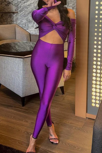 Purple Sexy Solid Color Hollow Out Patchwork Off Shoulder Skinny Jumpsuits
