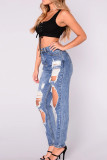 Deep Blue Sexy Solid Color Ripped Hollow Out Pocket Buttons Patchwork Zipper Mid Waist Loose Denim Jeans