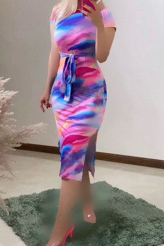 Colour Sexy Print Patchwork High Slit Strap Design O Neck Wrapped Skirt Dresses