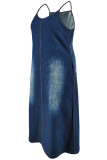 Light Blue Sexy Solid Color Patchwork Backless Spaghetti Strap Sling Plus Size Dresses
