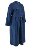 Deep Blue Street Solid Color Pocket Buckle Patchwork Ruched Turndown Collar Long Plus Size Dresses