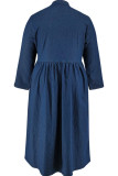 Deep Blue Street Solid Color Pocket Buckle Patchwork Ruched Turndown Collar Long Plus Size Dresses