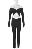 Blue Sexy Solid Color Hollow Out Patchwork Off Shoulder Skinny Jumpsuits
