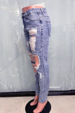 Deep Blue Sexy Solid Color Ripped Hollow Out Pocket Buttons Patchwork Zipper Mid Waist Loose Denim Jeans